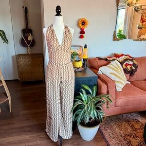 70s Retro Wavy Print Halter Jumpsuit